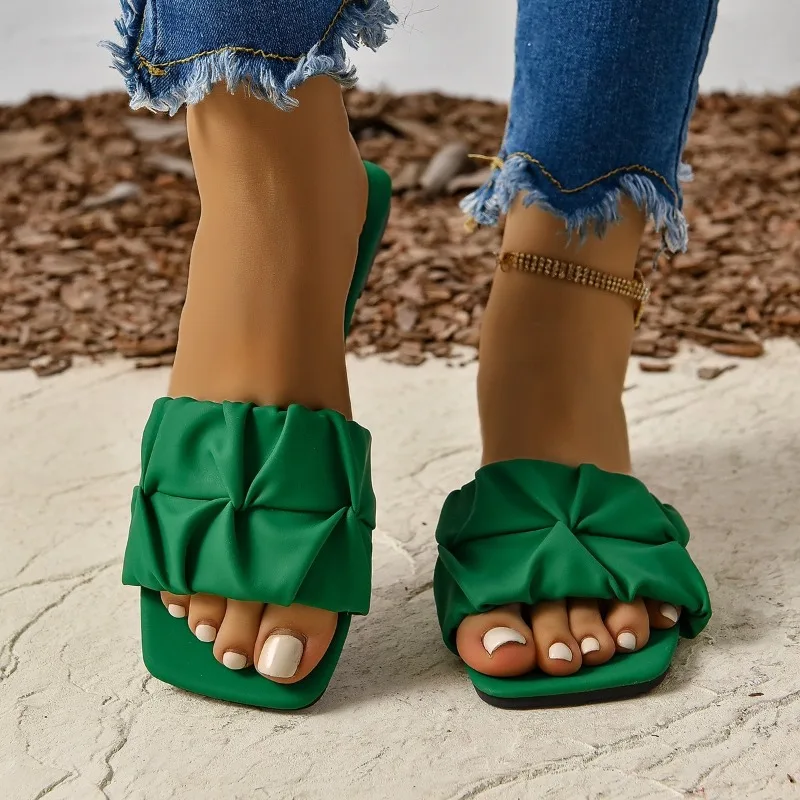 Summer Slippers for Women Flip Flops Flats 2024 New Pleated Korean Slippers Women Sandals Green Slip on Shoes Big Size 35-42