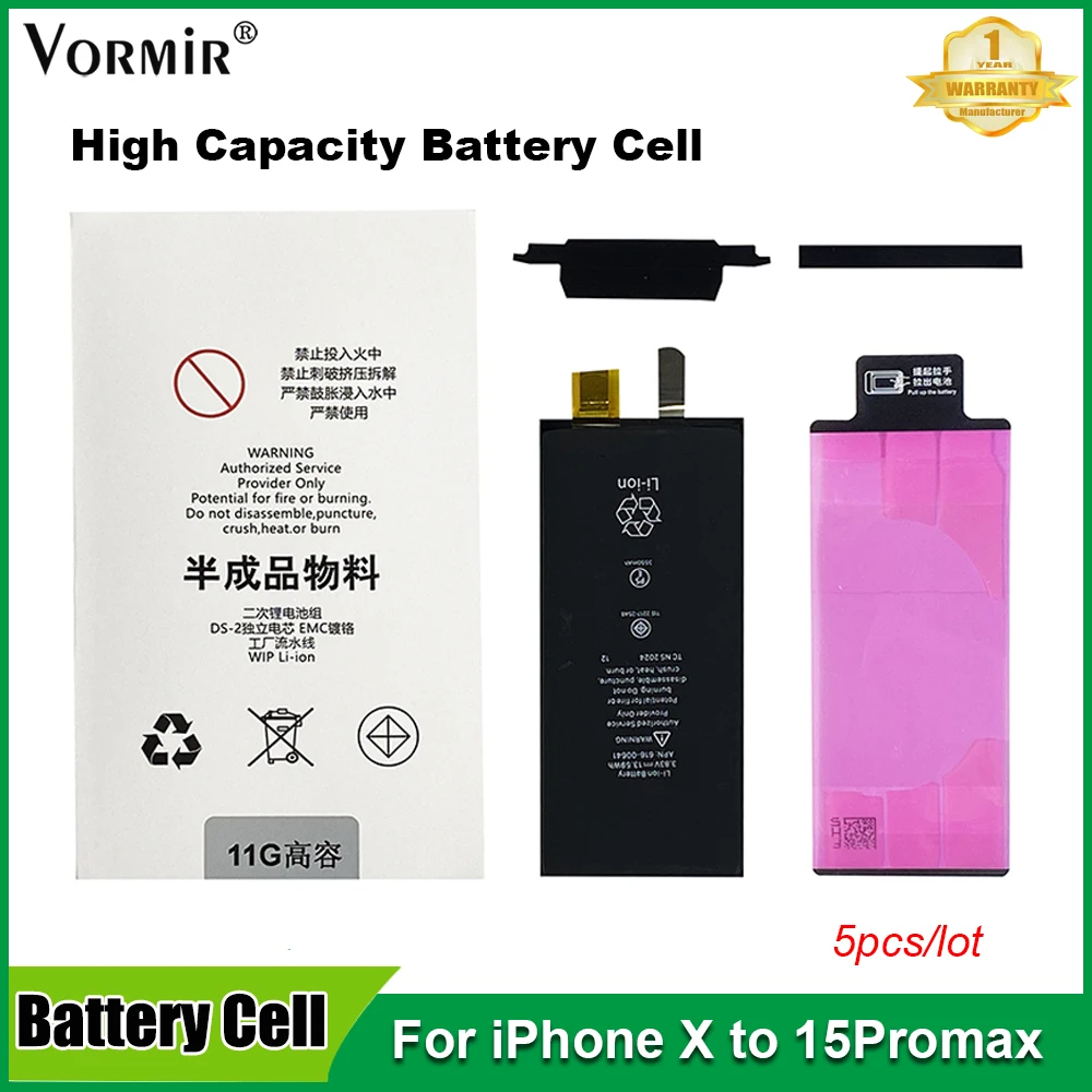 5pc/lot High Capacity Battery Cell No Flex for iPhone 15 14 13 12 11 XS Max Battery Replacement Non-Genuine Message Repair Parts