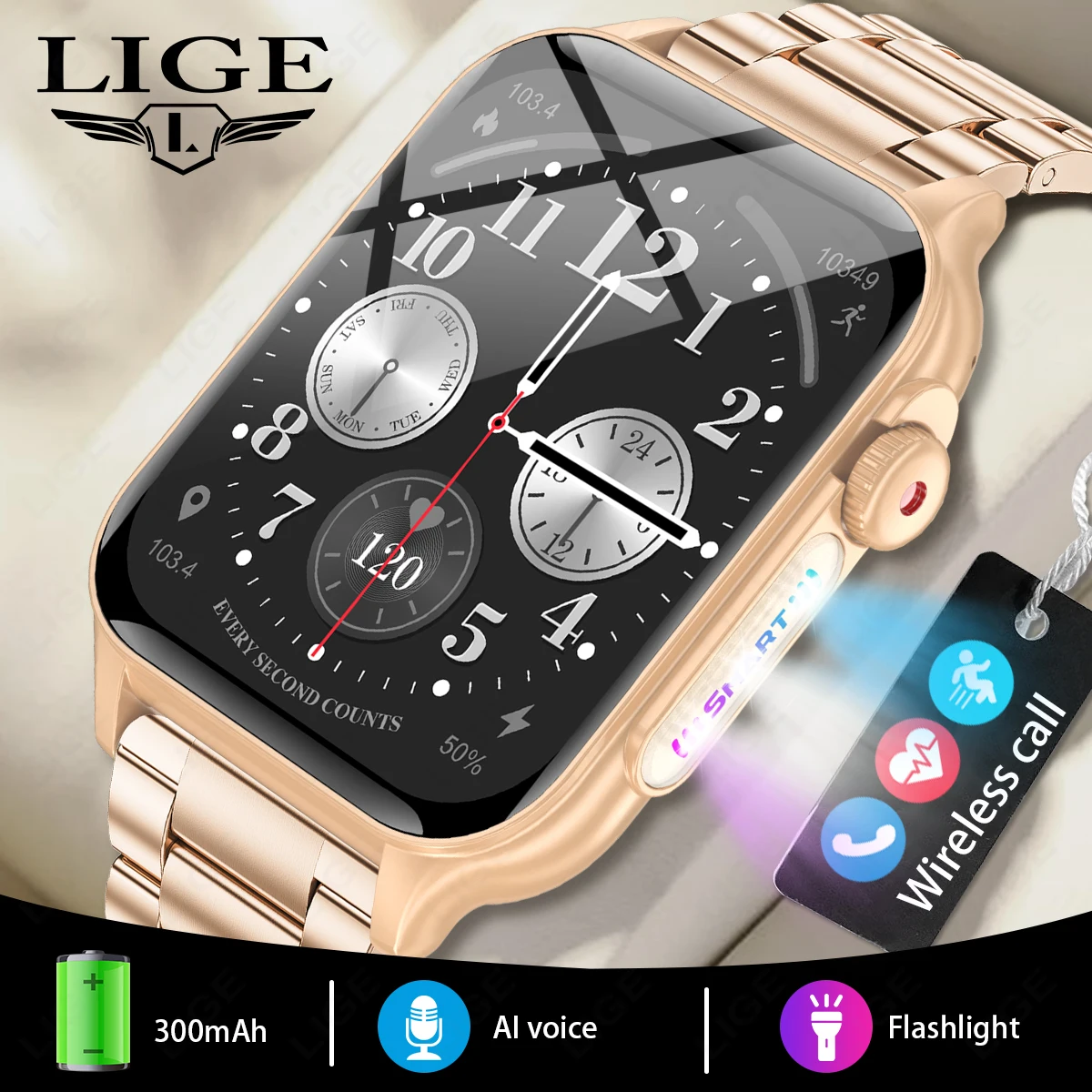 LIGE Neue LED Taschenlampe Frauen Smart Uhr 1,96 ''HD Bildschirm Bluetooth Anruf Wasserdichte Gesundheit Monitor Outdoor Sport Smartwatch männer