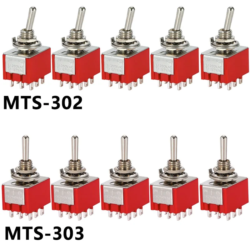 토글 스위치, 빨간색, 2/3 위치, ON-OFF, ON-OFF-ON,DPDT, 미니 스위치, 6A, 125V-3A, 250V AC,MTS-302, 9 핀, 1/4 개 푸시 단추 스위치 