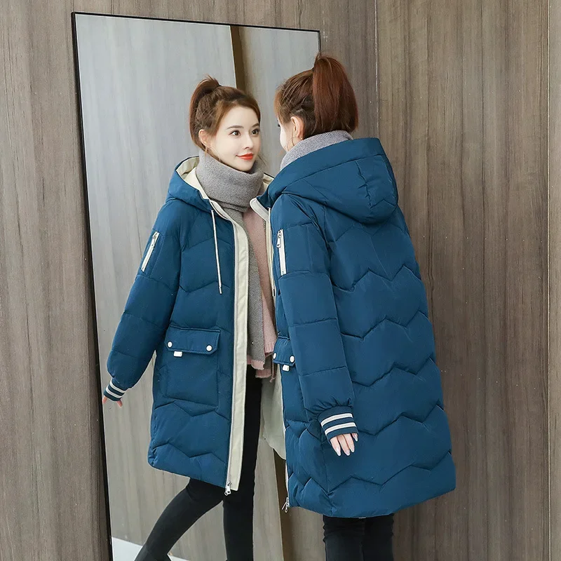 Women Fashion Medium Long Styles Loose Winter Coat Hooded Thicken Casual Overcoat Spliced Pockets Solid Jacket Women Clothing