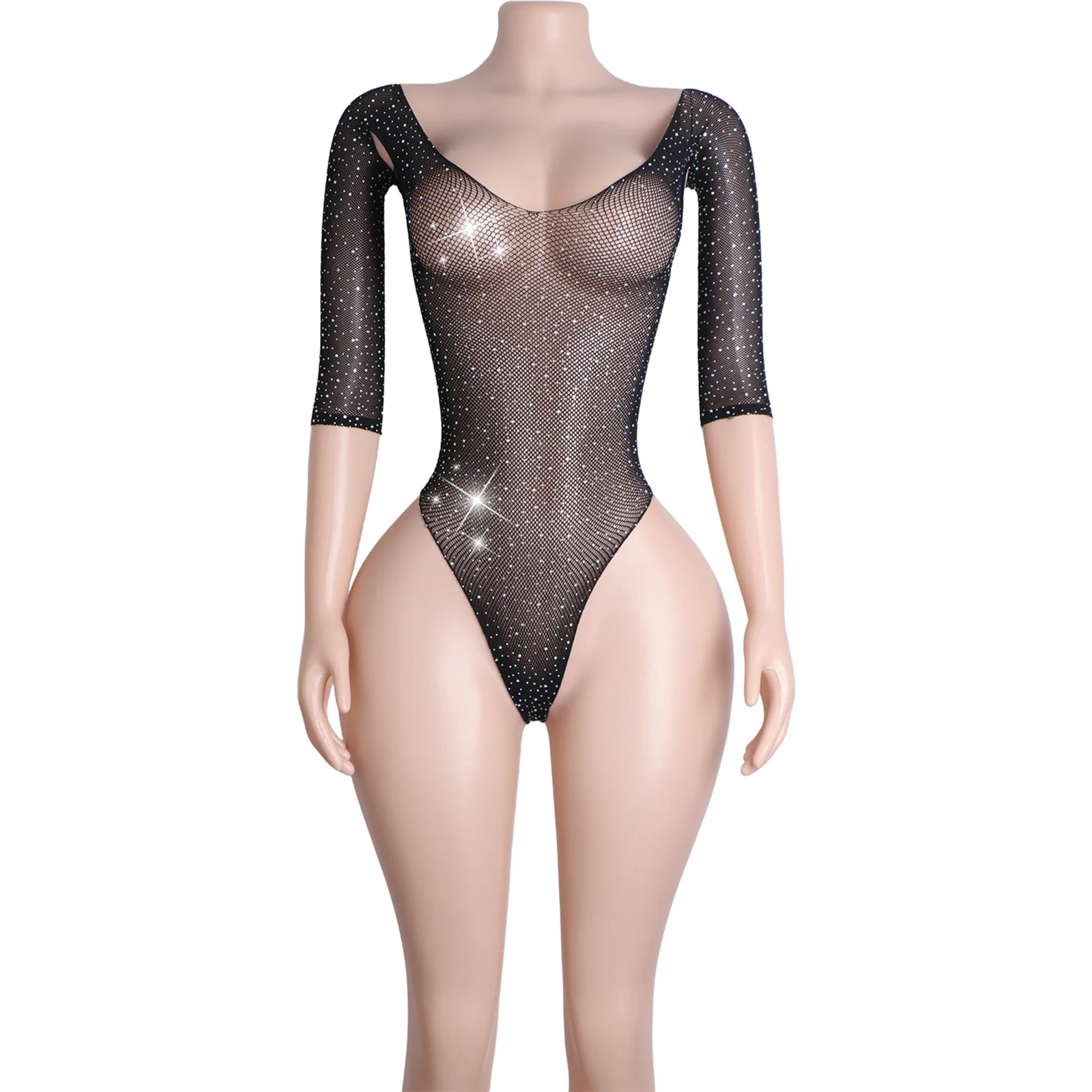 Adult Rhinestone Thong Bodysuit with Hollow out Sleeves for Gymnastics Leotard Club Performance Wear Exotic Dance Costume