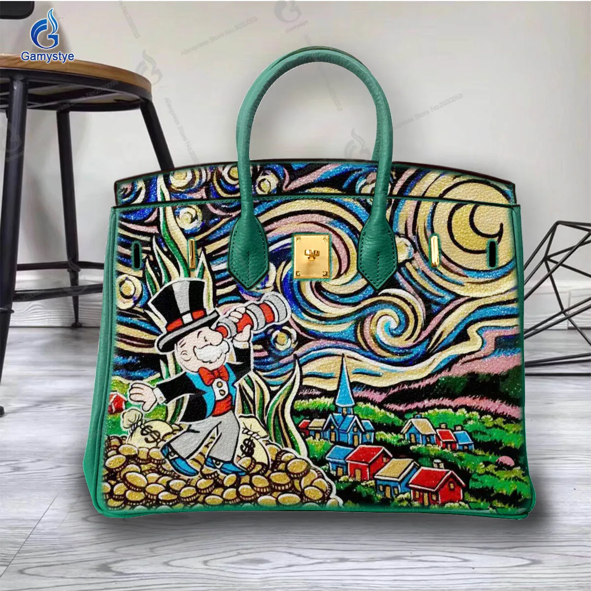 

Personalizar bolso Art Hand Painted Grandpa standing on the gold coin Bag Women Bag Messenger Crossbody Handbags Genuine Leather