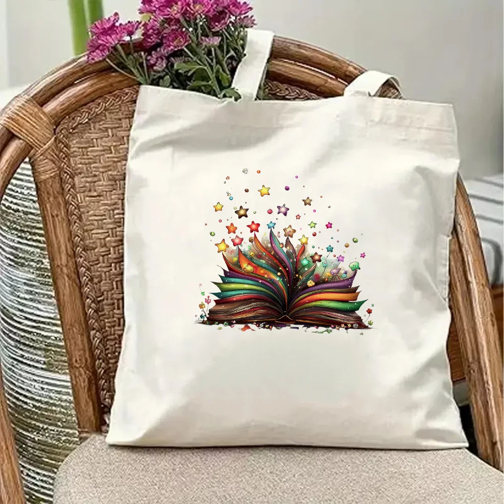 

Aesthetic Rainbow Star Canvas Tote Bags for Women Vintage Open Book Botanical Print Large Capacity Shoulder Grocery Handbag