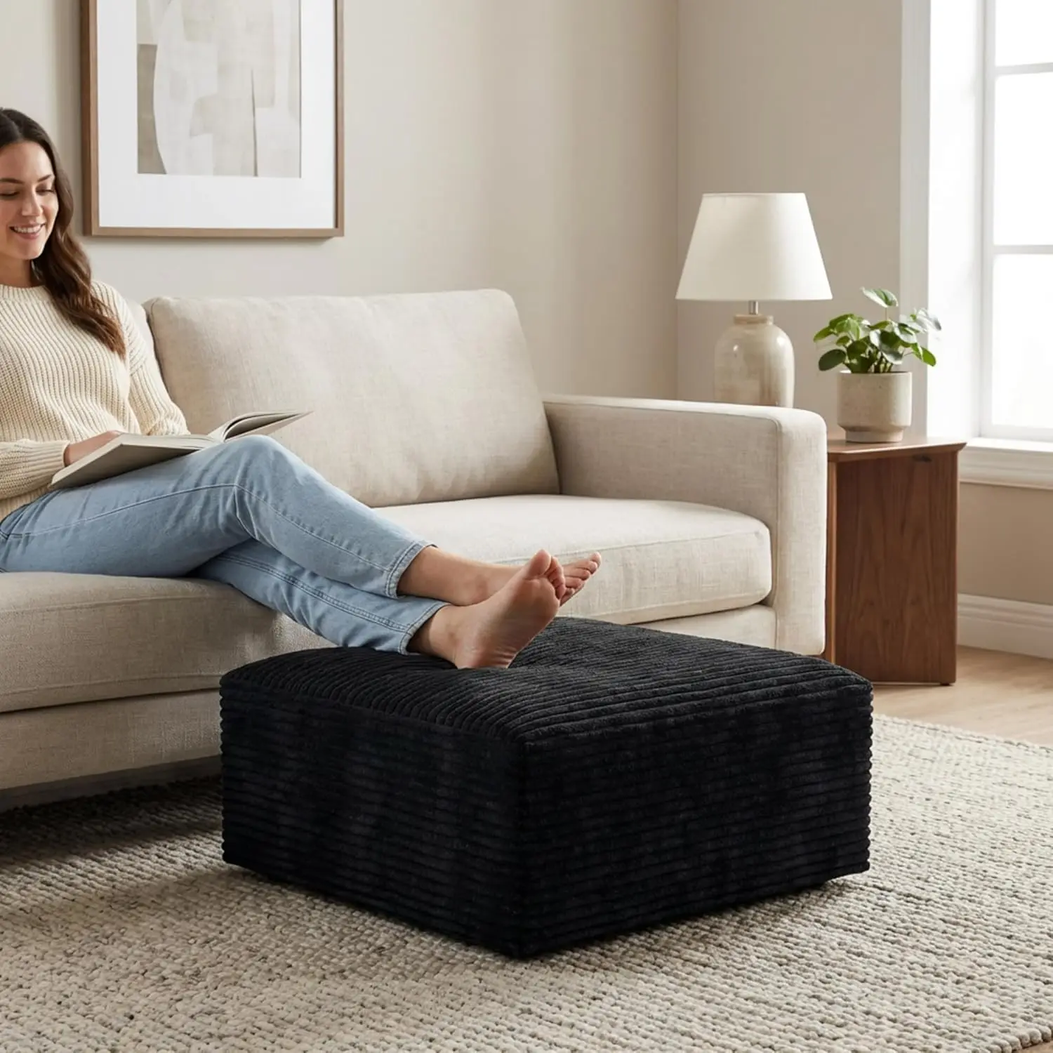 

Oversized Boneless Ottoman for Living Room – Plush Square Corduroy Upholstered Couch Ottoman, Modern Low-Profile, Customized
