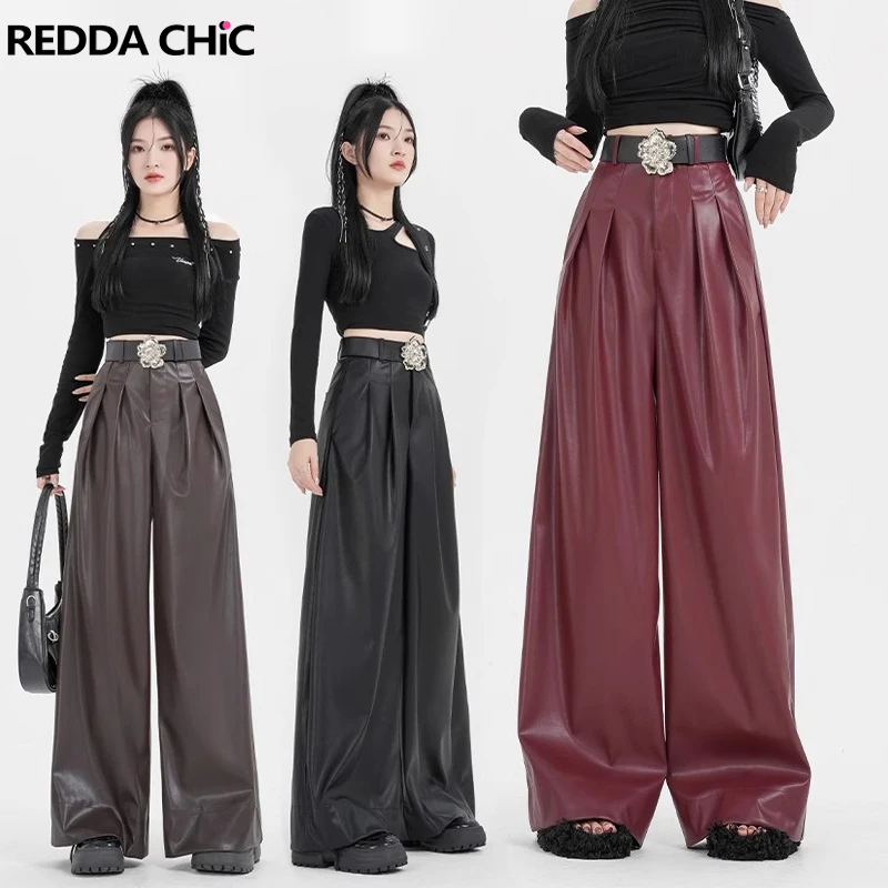 REDDACHiC Faux Leather Women Suit Pants PU High Waist Straight Pleated Draped Wide Pants Casual Office Lady Fall Winter Clothes