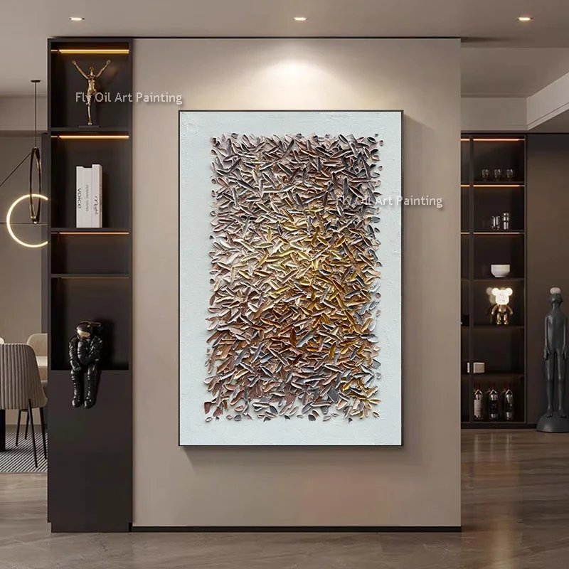 Bronze Particle Art Thick Canvas Artwork Handmade Beautiful White Gold Neutral Abstract Oil Painting Heavy Texture Wall Decor