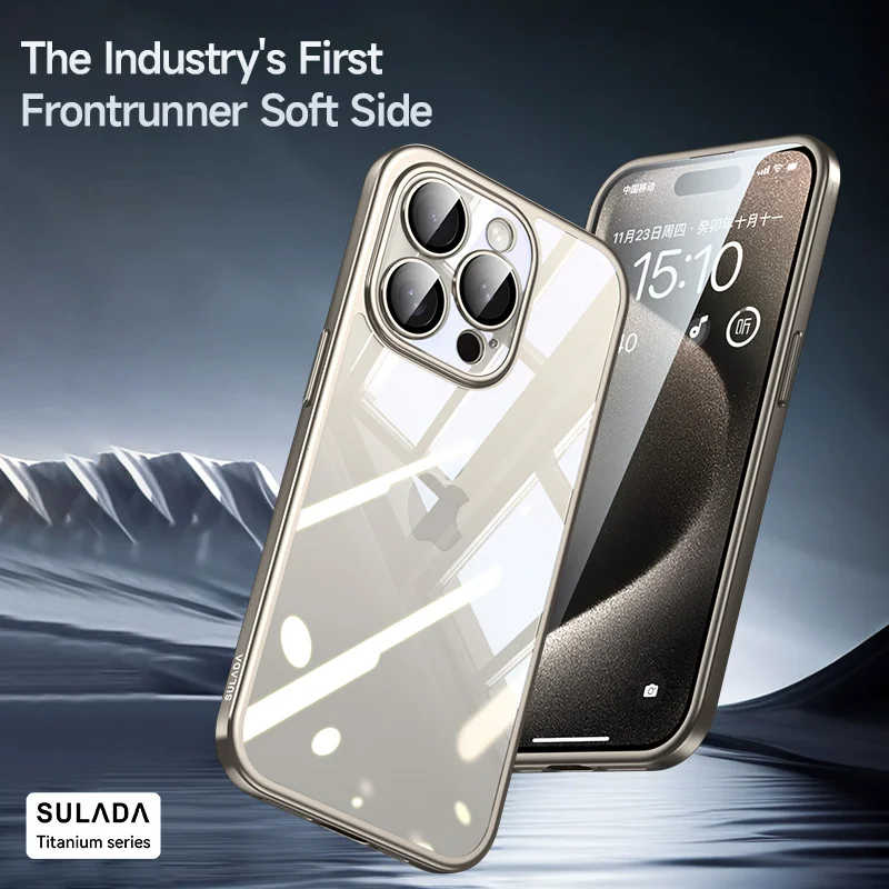Titanium Bezel Transparent Back Glass Phone Case for iPhone 15 14 Pro Max 15 Plus Camera Protection Plating Clear Hard Cover