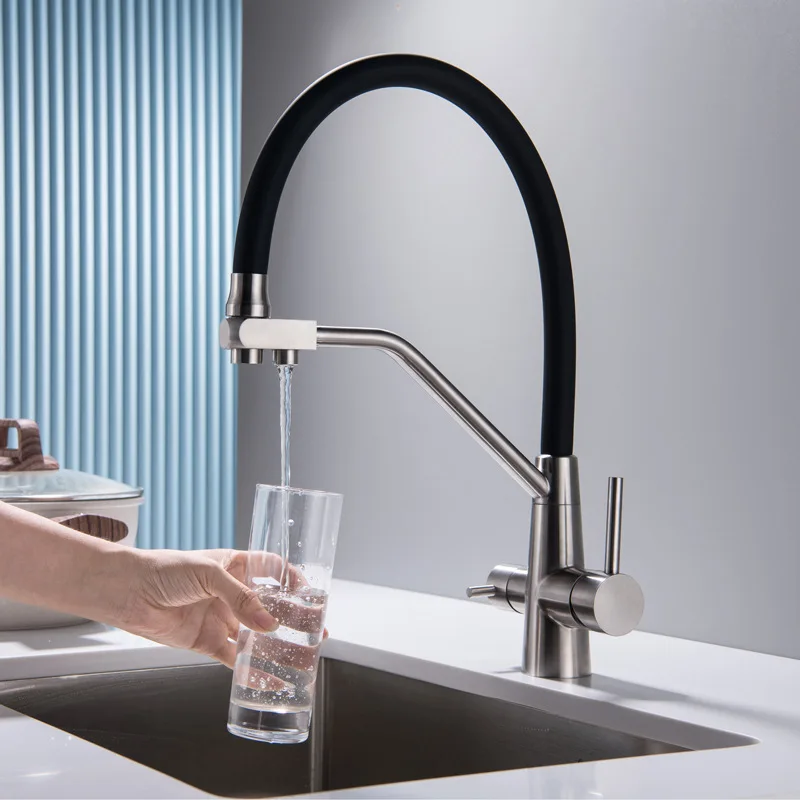 304 Stainless Steel Drinking Filtered Water Kitchen Faucet Dual Handle Hot & Cold Water Mixer Kitchen Sink Tap Crane Black