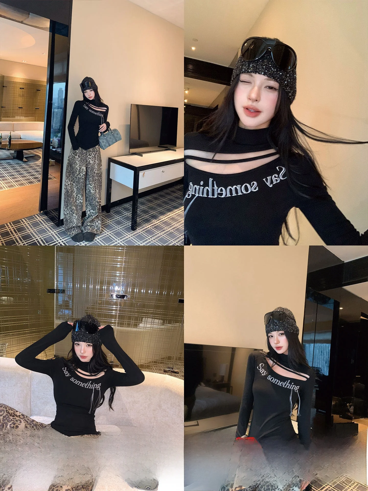 

Женская повседневная футболка Okaaay Winter: приталенная, асимметричная, с высоким воротником, с вырезами, с надписью, для ношения под одеждой