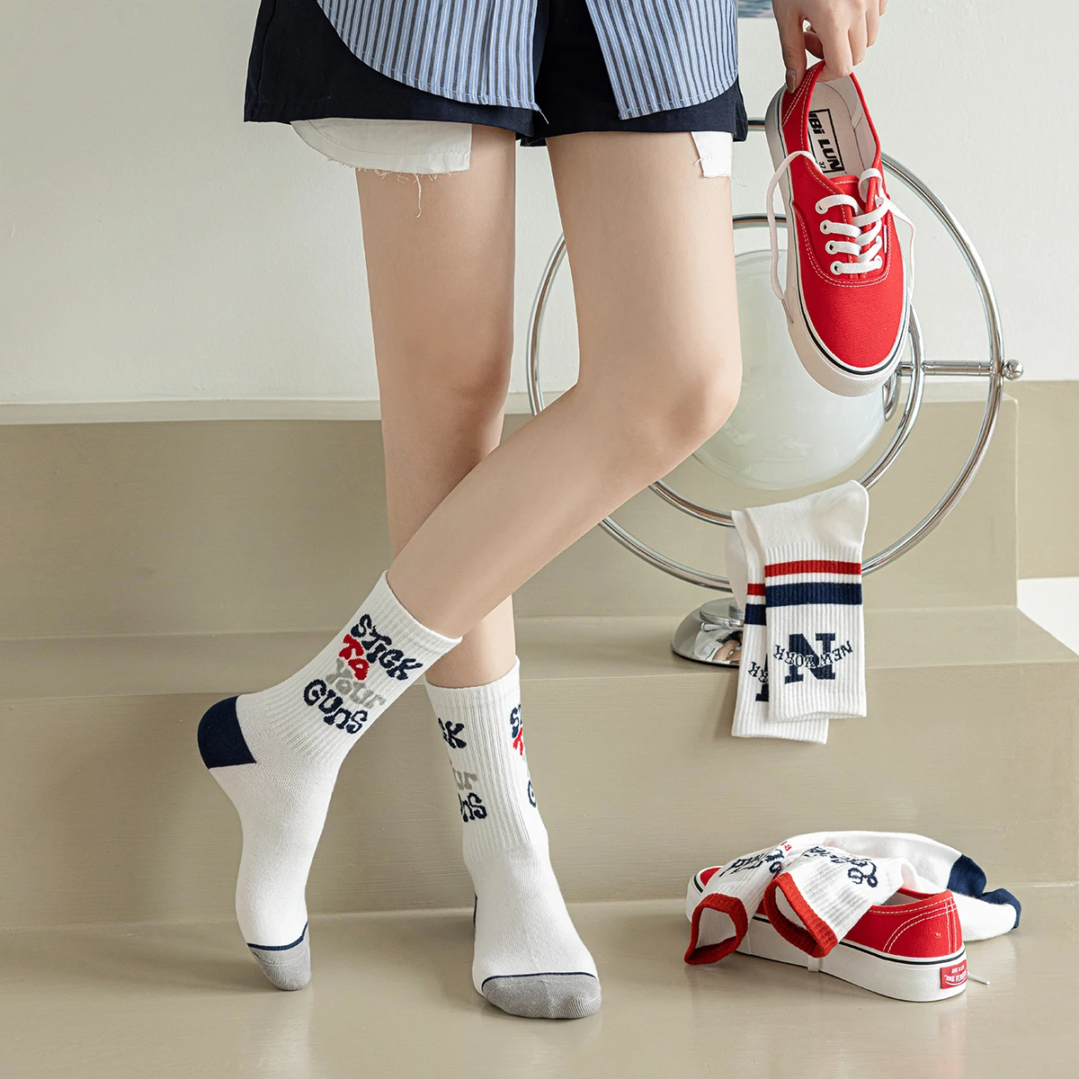 3 Pairs Tube Letter Jacquard Knit Chic Ankle Socks Party Cyclisme Lady Tube Socks Daring  Fitness Home Korean Adult Streetwear