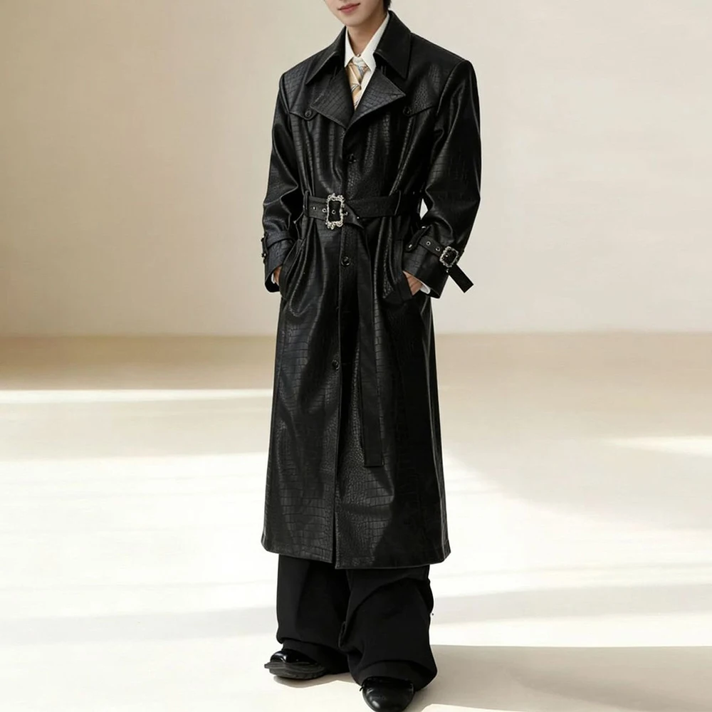 Mens Crocodile Embossed Deconstructed Cinched Waist Leather Mid-Length Jacket Spring Streetwear Fashion Youth City Boy Y2k Coat