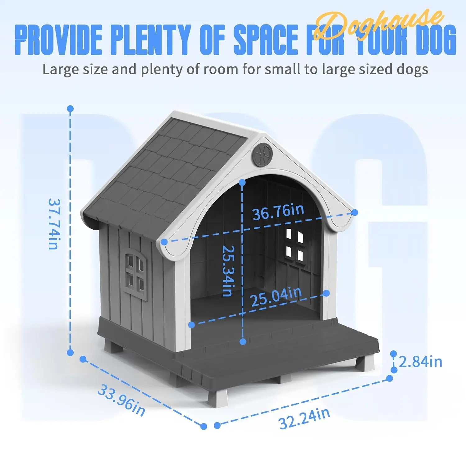 Large Resin Dog House Elevated Base Extended Floor Open-Front Durable Pet Shelter Indoor Outdoor Backyard Black&Grey, Customized