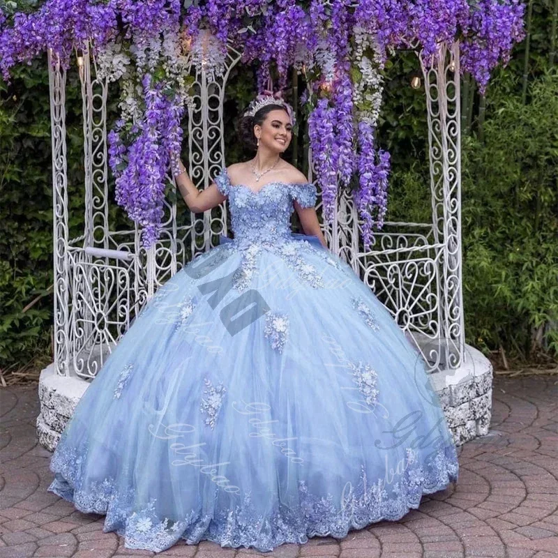 Off Shoulder Quinceanera Dresses for Girls Applique Tulle Puffy Sweet 16 Princess Pageant Dress Blue Birthday Party Evening Gown