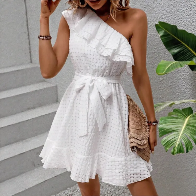 2026 frühjahr Und Sommer Neue frauen Mode Kleid Rüschen Elegante Off-schulter Unregelmäßigen Midi Weiß Frauen Dresss Prom vestidos
