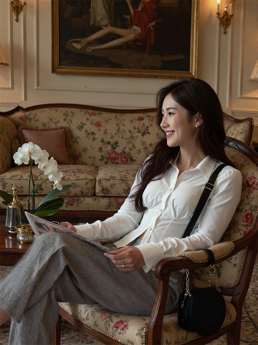 

Shirts Women Button-Up Long Sleeve Tops with Relaxed Fit Lace-Up Details and Preppy Style Design for Office or Streetwear