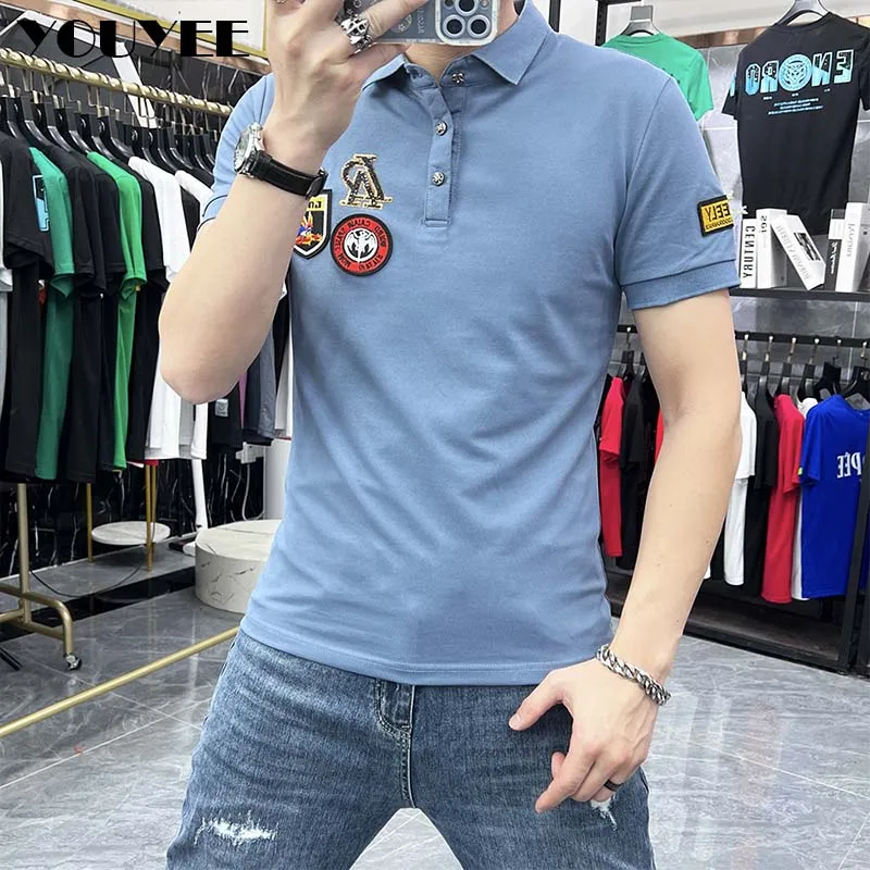 Men’s Polo Shirt Lapel Fashion Logo Letter Sequins Embroidery Short Sleeve Personality T-shirt 2023 Summer New Male Tees Clothes