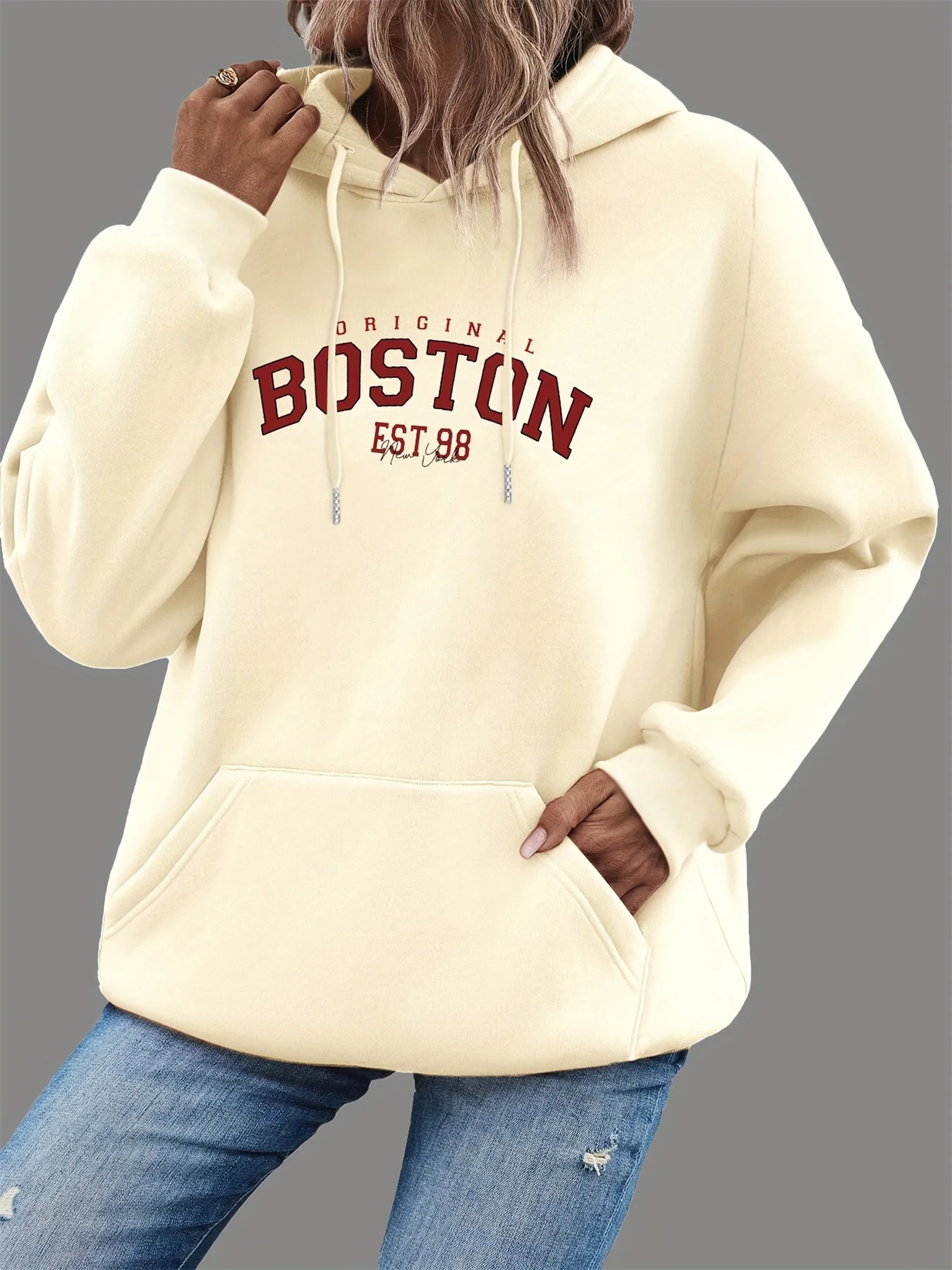 Women's autumn and winter fashionable casual loose Boston letter pattern with plush warm long sleeved hooded sweatshirt
