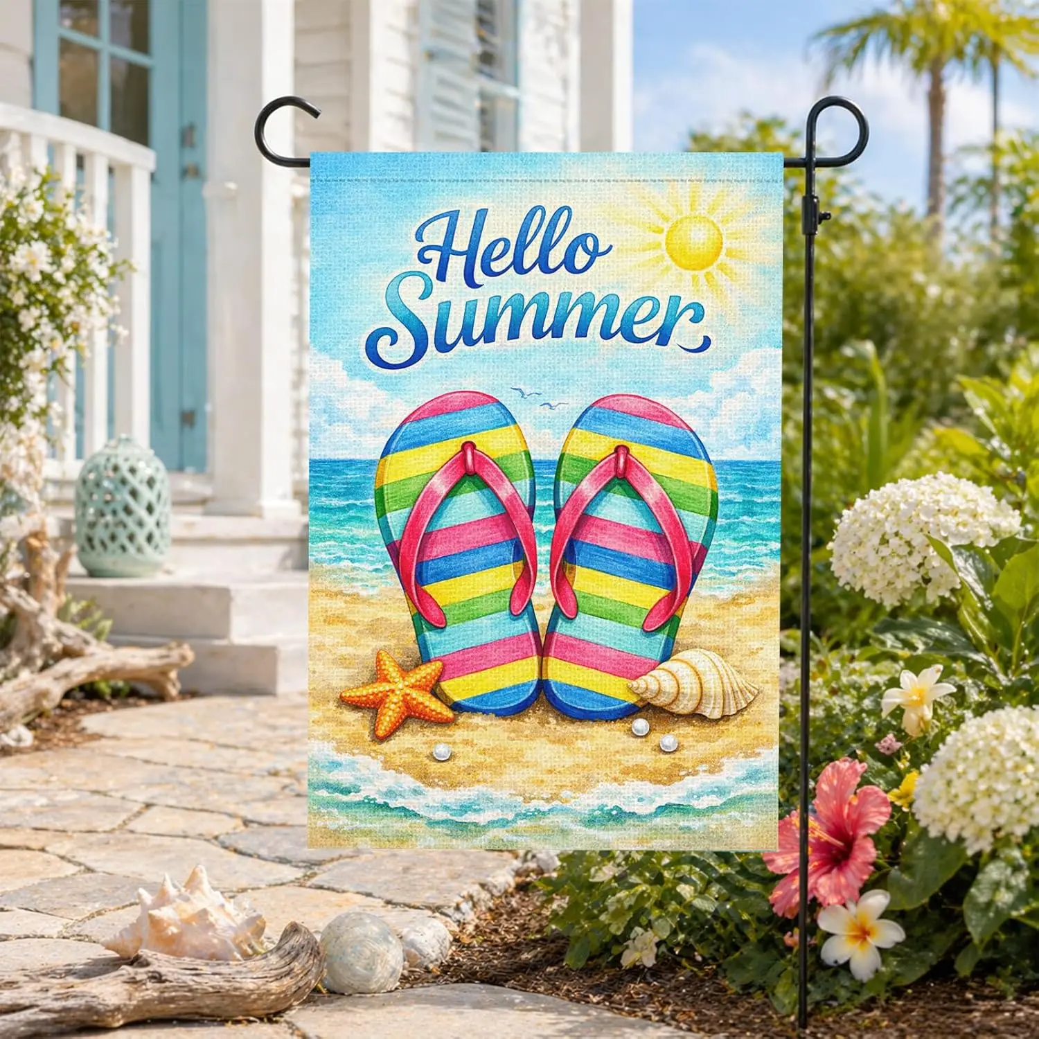Heyfibro Hello Summer Garden Flag - 12x18 Inch Double Sided Rainbow Flip Flops & Beach Design Summer Outdoor Flag for Po jjp