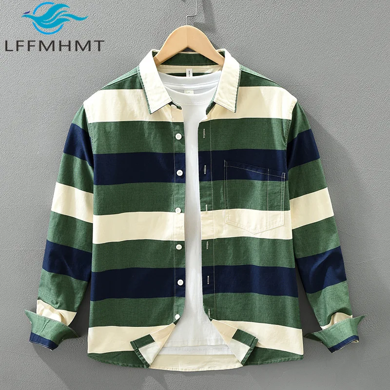 

7821, 100% хлопок, хорошее качество, мужская рубашка с длинным рукавом, весна-осень, модные полосатые лоскутные свободные повседневные блузки в свежем стиле
