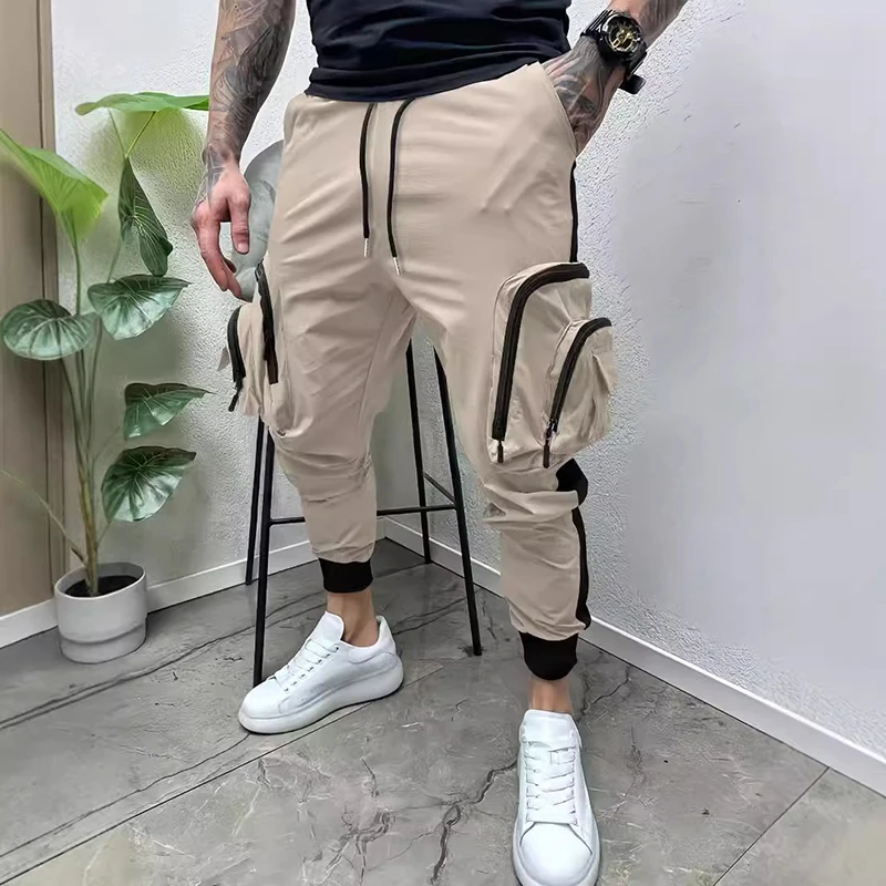 Stylish Patchwork Cargo Pants For Mens 2024 Autumn Casual Sports Fitness Pencil Pants Streetwear Vintage Pockets Men Trousers