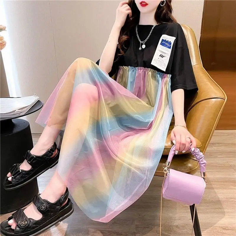 Casual Patch Designs Dresses Summer New Stylish Gauze Rainbow Color Spliced Women\'s Clothing A-Line Korean Round Neck Midi Dress