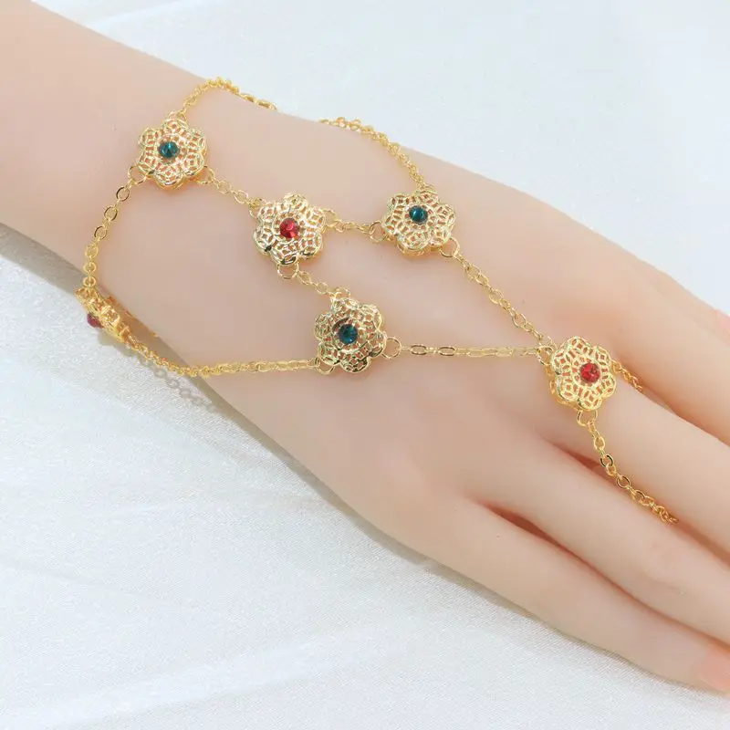 High quality colorful floral pattern hand back chain girl gift bracelet Ring jewelry