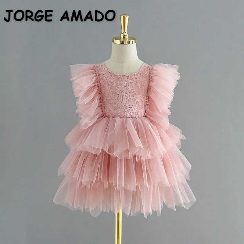

Summer Baby Girl Dress Round Collar Beige Pink Flare Sleeves Mini Princess Dresses Party Wedding Flower Formal Clothes E48904