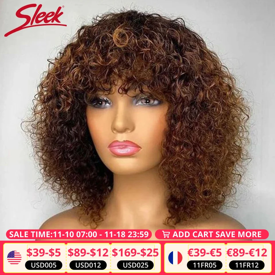 Peruvian Short Pixie Bob Cut Human Hair Wigs With Bangs Jerry Curly Non lace front Wig Highlight Honey Blonde Colored Wigs