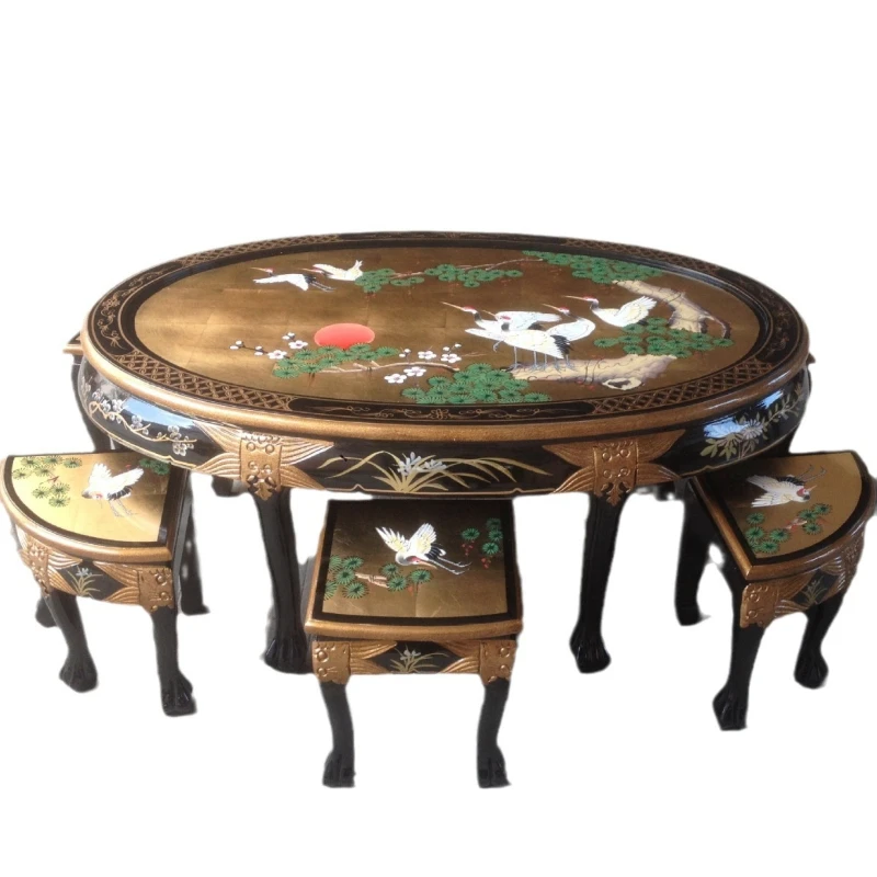 LMM Chinese coffee table lacquer furniture shell bone stone inlaid coffee table stool