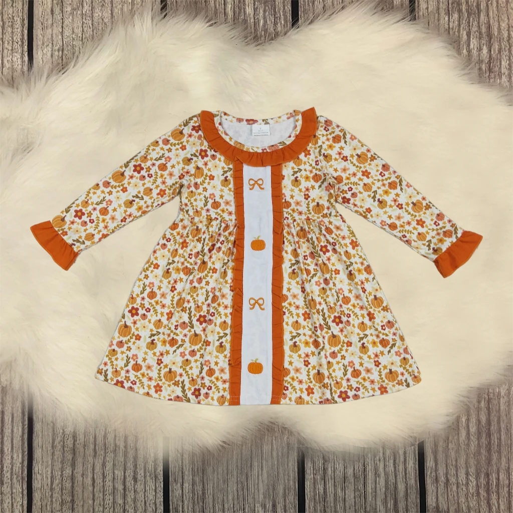 

Princess Kids Thanksgiving Dress for Infant Toddler Baby Girl Embroidered Pumpkins Bows Long Sleeve Floral Design Fall Clothing