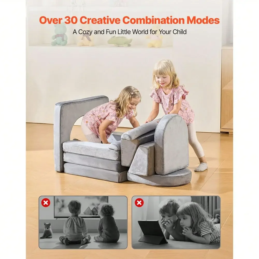 Kids Play Couch, Sectional Toddler Sofa With Armrests, 28D Sponge Short Pile, Convertible Kids Modular Couch DIY Creative Combi