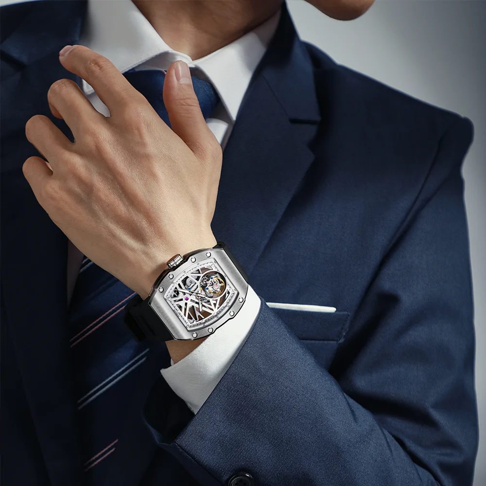 นาฬิกาตูร์บิญองสำหรับผู้ชาย ตัวเรือนสแตนเลส กระจกแซฟไฟร์ กันน้ำ นาฬิกากลไกเปลือย แสดงเวลาแบบเรืองแสงสีเขียว นาฬิกาหรูสำหรับนักธุรกิจ