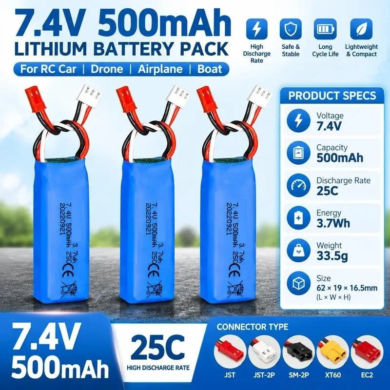 7.4V 500mAh Lithium Battery Pack for A202 A212 A222 A232 A242 A252 Remote Control Car RC Toy Battery 721855