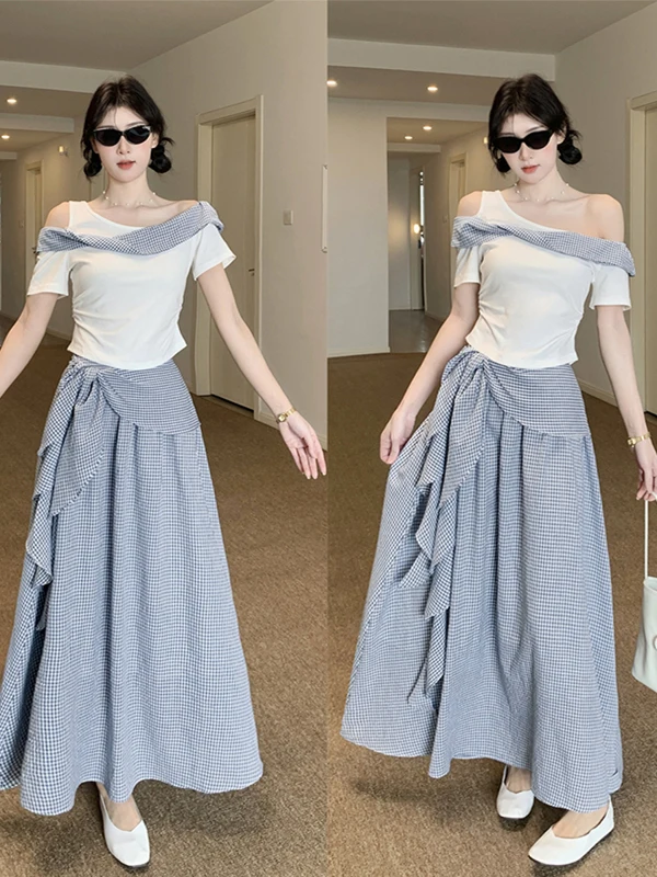 

Slimming Sweet And Spicy Sle Women's Summer New plus Size oulder Bared ort Sve T-irt And Plaid Skirt Two Piec...