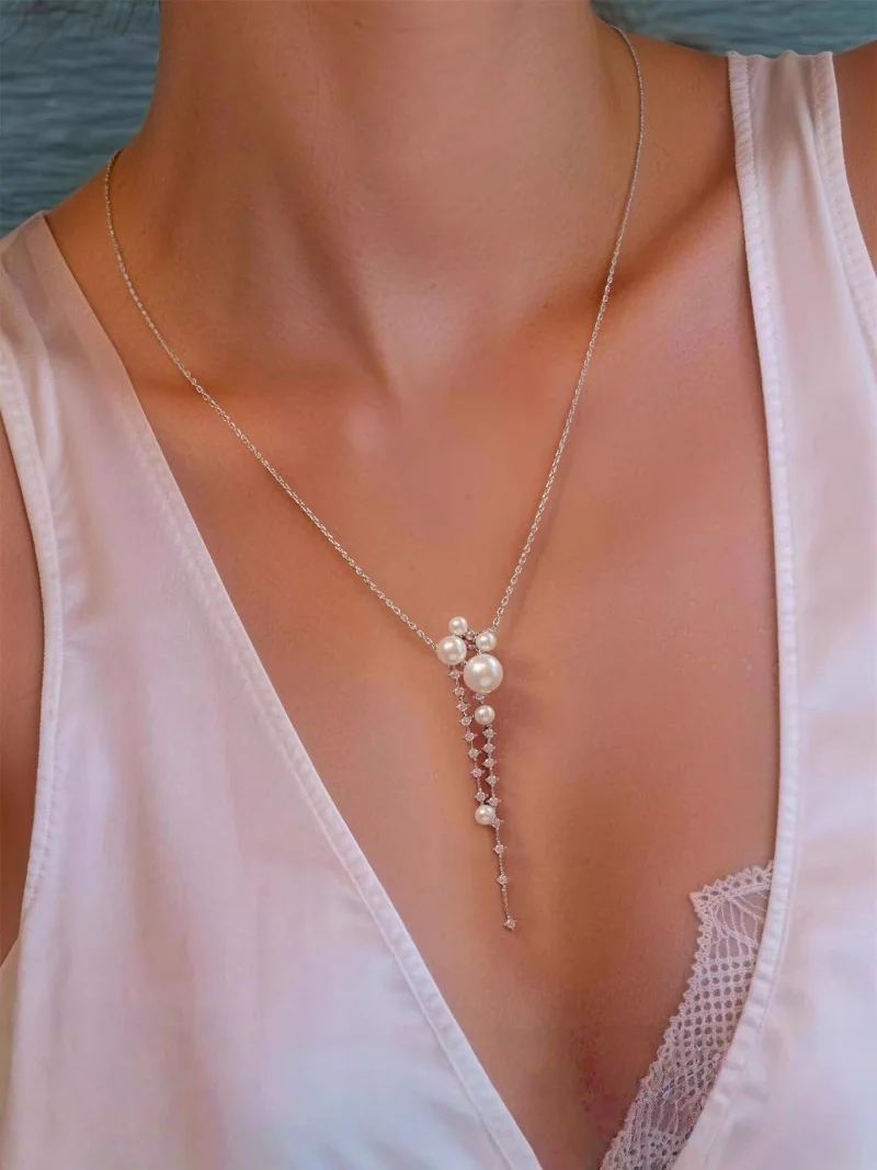 

Vintage Long Tassel Necklace for Women Zircon Australian White Pearl Pendant Chain Elegant Minimalist Luxury Clavicle Jewelry