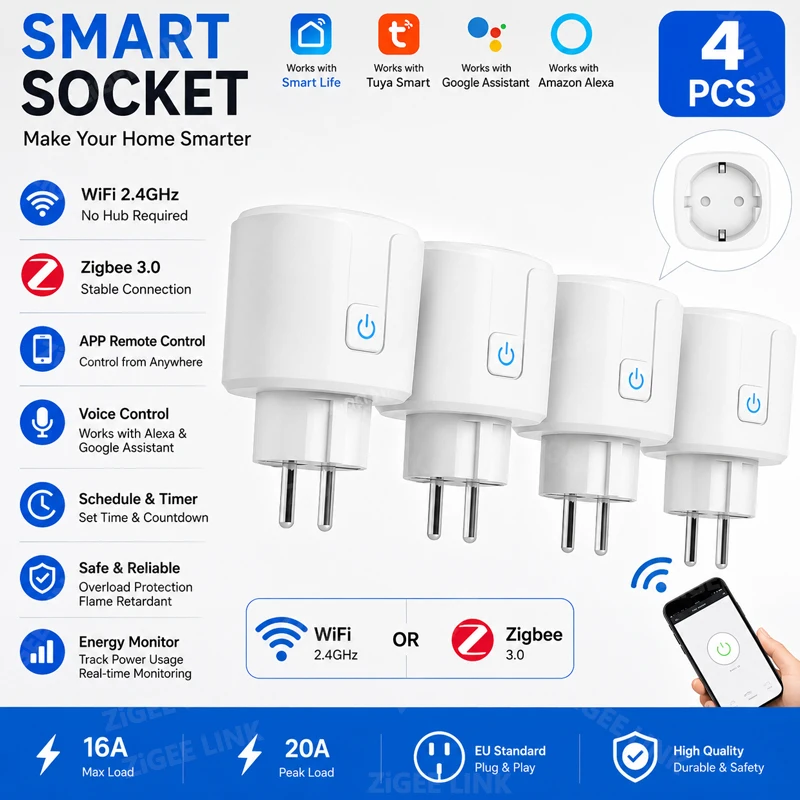 4PCS WiFi Zigbee3.0 EU Smart Socket Power Monitor Timing Wireless Control Voice Assistant Alexa Google Intelligent Power Strip