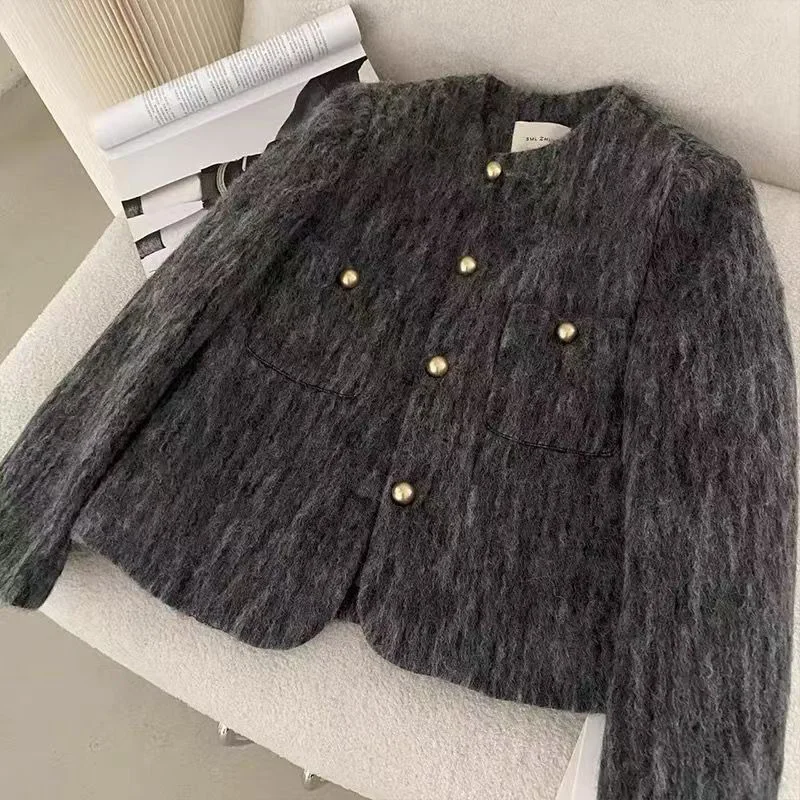 Elegant Tweed Jacket Women Classic Gray Fluffy Single Breasted Pockets Commuter Coat Fashion Slim Chic Office Lady Outwear