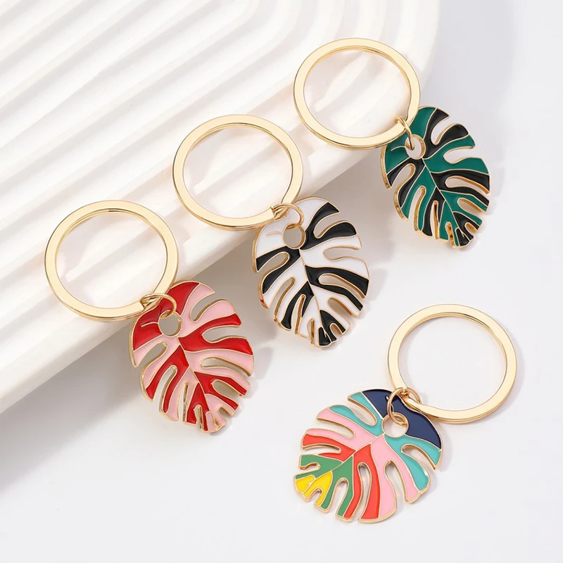 Colorful Big Vintage Statement Bohemian Enameled Leaf Keychain For Women Men Pendant Hanging Decoration Gold Color Accessories