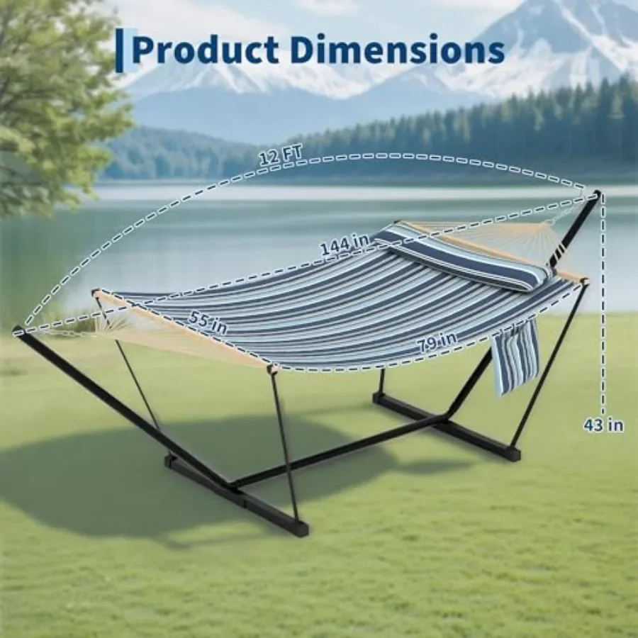 Outdoor double hammock with steel stand: heavy-duty portable 2-person fabric hammock in gray, 450 lbs capacity, includes spread