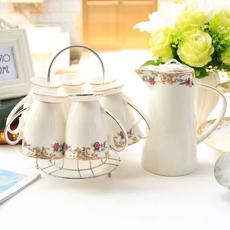 

8pcs Set, Real Bone China Tea Set with Steel Stander, Porcelain Cafetera Nespresso Coffee Vintage English Ceramic