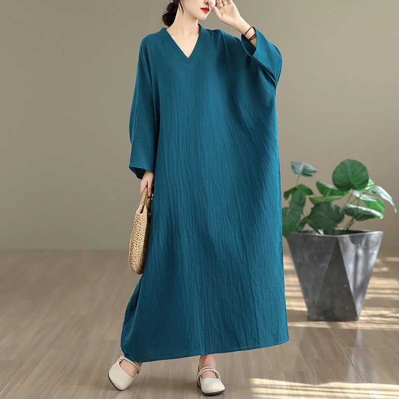 Vestido Longo Retro de Aodão e Linho com Estampa Floral em Cores Sólidas para Viagem, Estilo de Férias, Decote em V, Disfar...