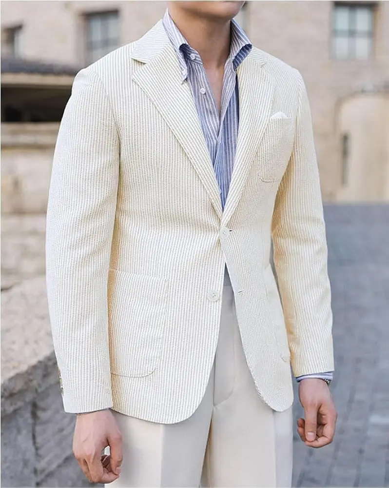 

Men's Beige Seersucker Jacket Grooms Slim Fitted Coat+Pants Wedding Formal Blazer Suits with Trousers 2 Piece Customize