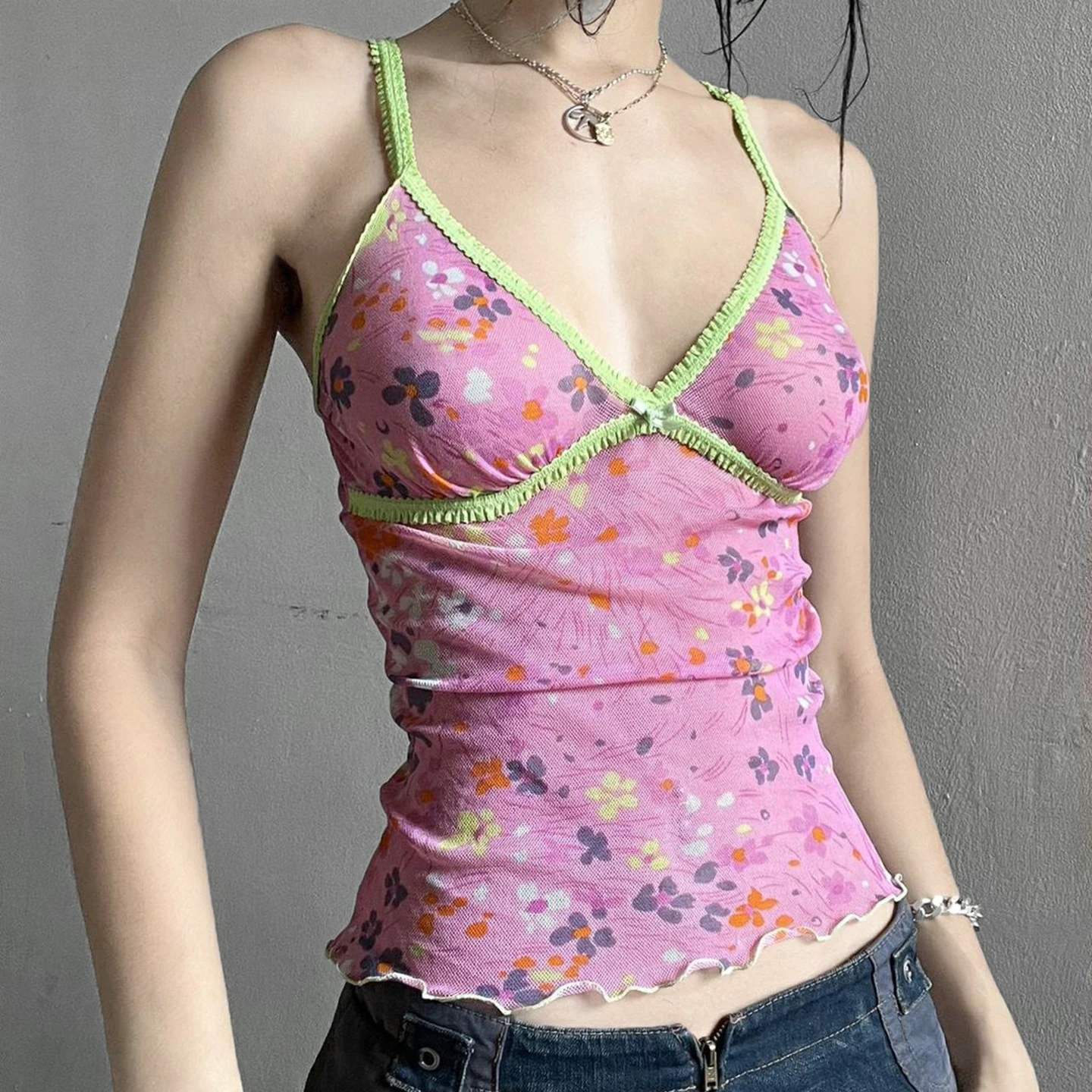 

[RUOKE] Y2K Sexy Mesh Floral Cami Top For Women Cute Slim Fit Spaghetti Strap Tank Top Spring Summer Vintage Streetwear Crop Top