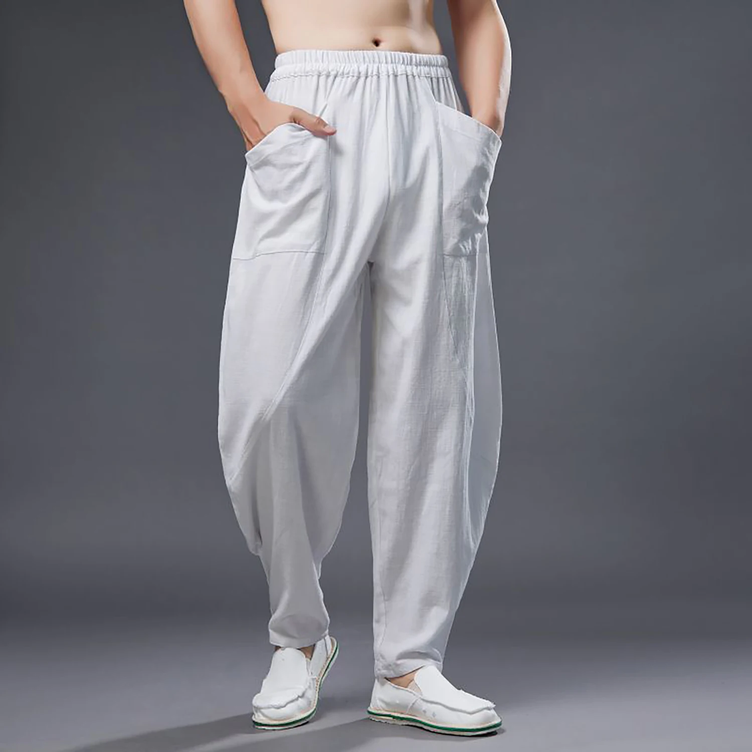 

LZJN Men’s Summer Minimalist Loose Harem Pants – Linen-Cotton Blend, Elastic Waist, Chinese-Style Relaxed Lantern Trousers