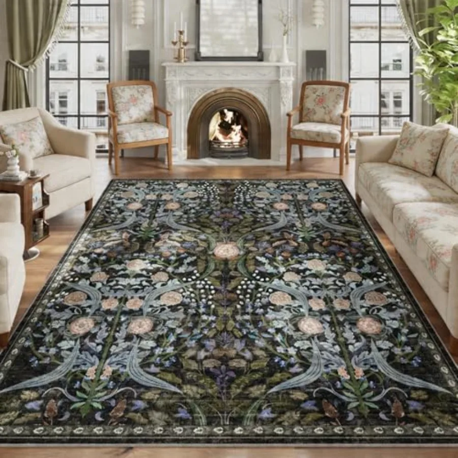 

8x10 Washable Area Rugs for Living Room: Black Boho Floral Vintage Print, Non-Slip Non-Shedding Soft Polyester Carpet for Bedro