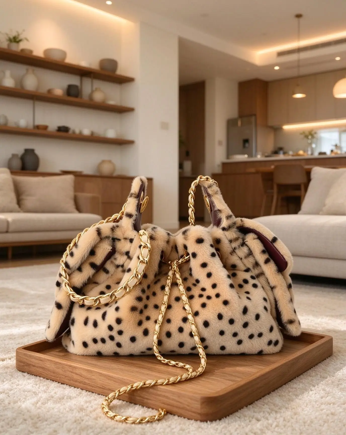 Unisex Plush Leopard Print Bucket Bag Soft Furry Drawstring Handbag Metal Chain Shoulder Crossbody Bag