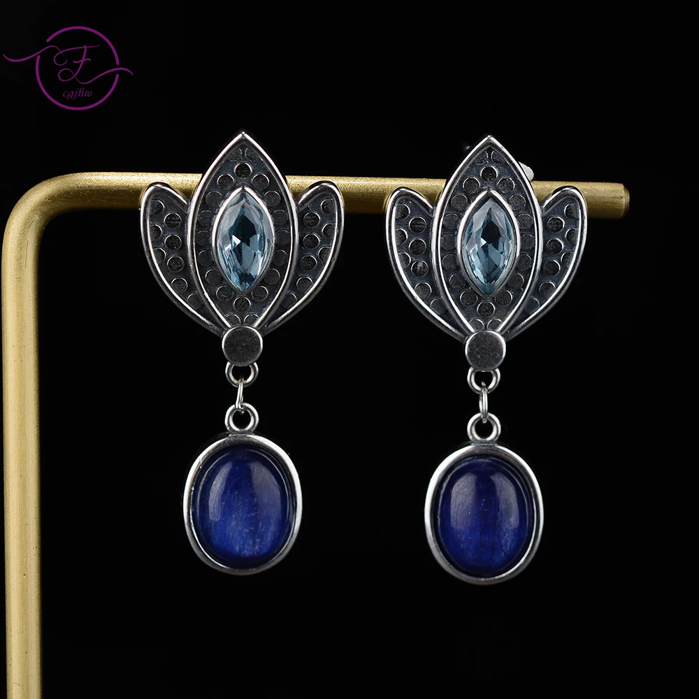 Natural Elegant Kyanite Drop Earrings Silver Crown Shape Ear Jewelry for Women Blue Zircon Earrings Gifts