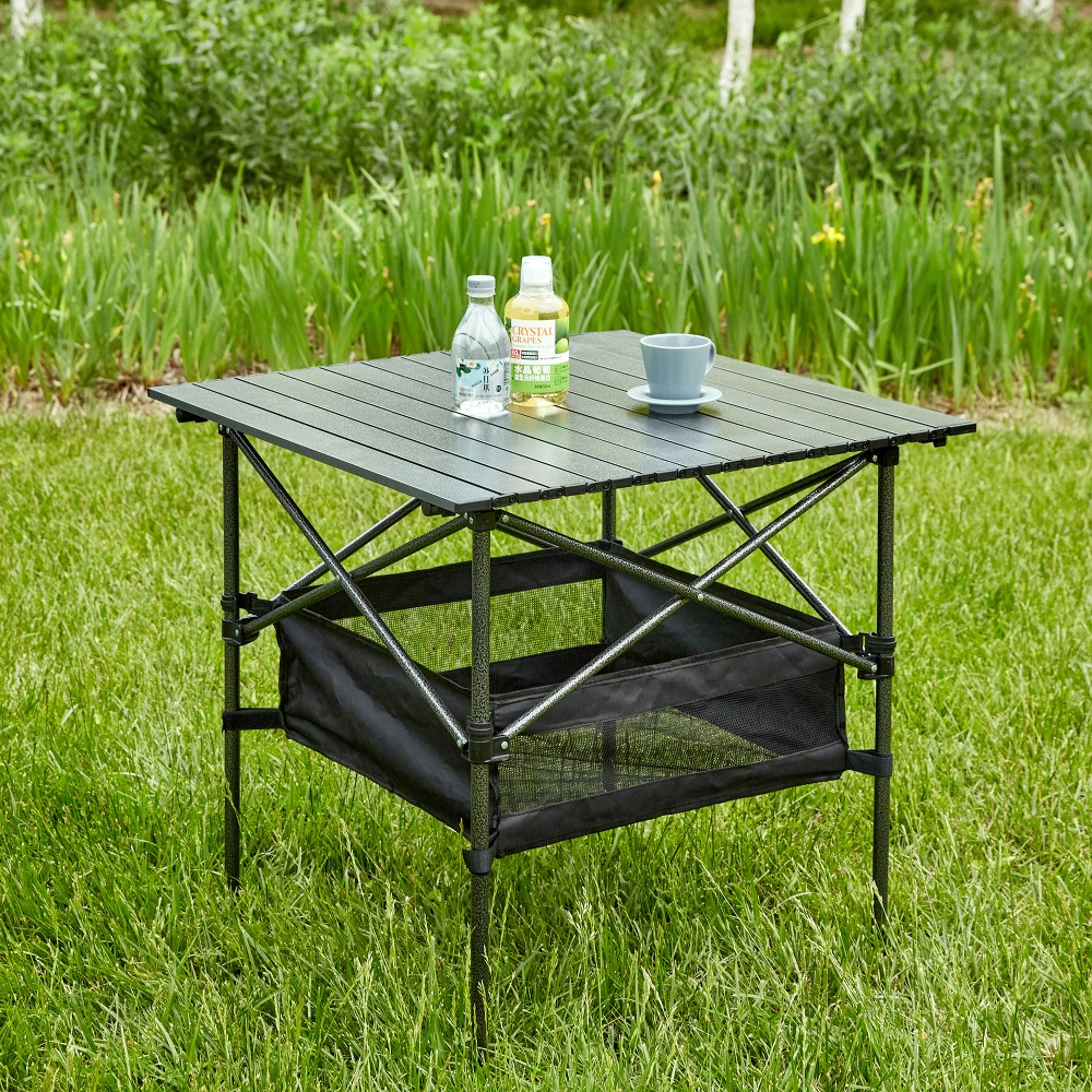 

1-piece Folding Outdoor Table Lightweight Aluminum Roll-up 120lbs Storage Basket Waterproof Black Camping Picnic Beach BBQ Party