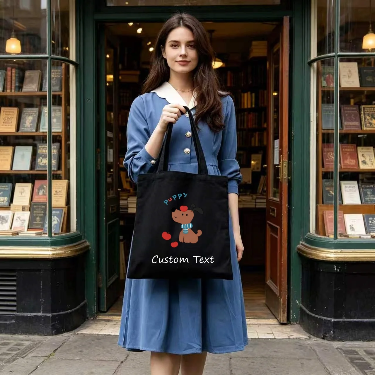 1PC Custom Canvas Tote Bag Cute Cartoon Puppy With Apple Print Custom Text Eco Reusable Shopping Shoulder Handbag